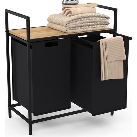 Idmarket – Panier à linge 2 bacs en tissu noir – Design industriel – Compartiments coulissants – Capacité 78 litres – Dimensions 64x33x73 cm