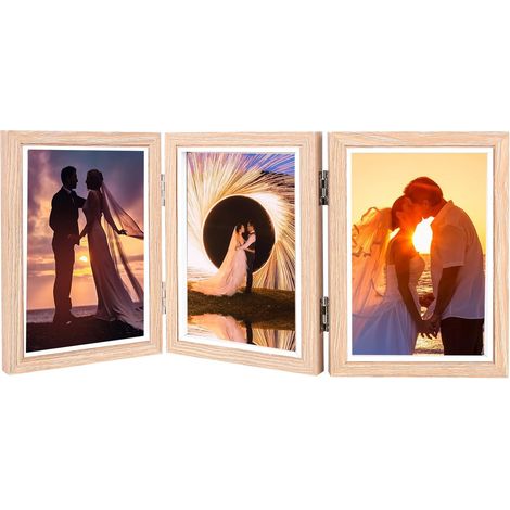 Marco de fotos collage para 3 fotos 10 x 15 cm - Plegable - Madera - Con base acrílica - Multimarco para boda, familia, bebé, marrón claro (1/5)