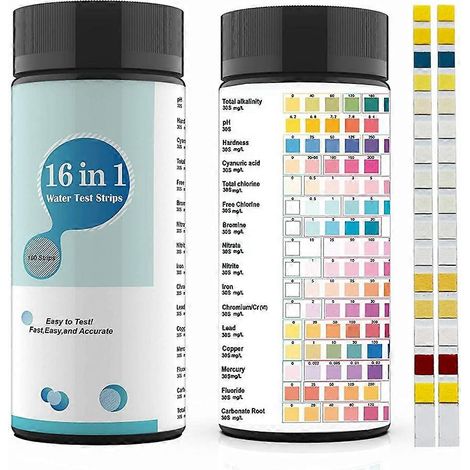 Kit de test de qualité de l'eau 16 en 1, contenant 100 bandelettes de test pour eau potable, y compris des bandelettes pour eau du robinet et eau de puits, permettant de tester le pH, le plomb et les (1/5)