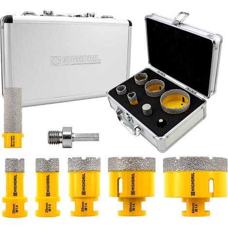 Foret Diamant Kit 7pcs 20/25/35/50/68mm Mèches Diamantées+20mm Fraise Diamant+Adaptateur Scie Cloche pour Carrelage Céramique Porcelaine Marbre Granit (1/5)