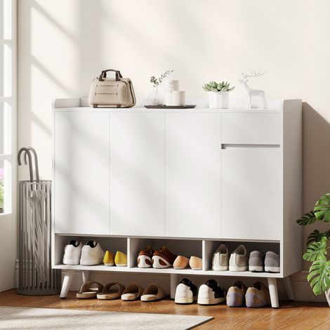 Schuhschrank mit grifflosem Design, 4 Türen, 4 verstellbare Regale, freistehendes Schuhregal mit 5 Holzbeinen, Holz, Weiß (1/5)