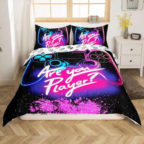 Parure de lit réversible avec housse de couette de 135 x 200 cm, motif 3D, pour gamer, manettes de jeu, noir/violet (1/5)