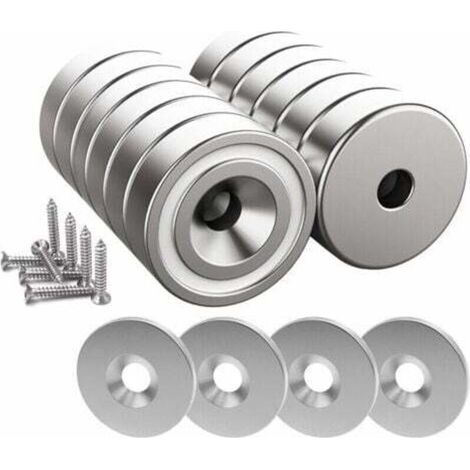 12 pièces Aimants en néodyme 10 KG force 20 x 7 mm avec trou et capsule, aimant en pot fraisé avec vis et 12 coussins en acier (Argent Brillant) thsinde-- (1/4)