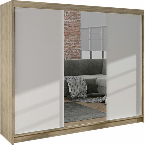 Armoire Closico Durion I, Sonoma chêne + Blanc, 215x200x58cm, Portes d'armoire: Coulissantes, Nombre d'étagères: 9