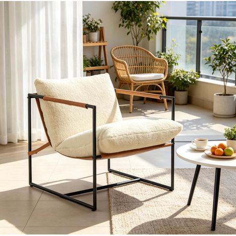 Fauteuil de salon en tissu bouclette crème, grande assise rembourrée, structure en métal noir, 77 x 91 x 80 cm, charge jusqu’à 120 kg, pour lire et se détendre – CHICFURN (1/5)