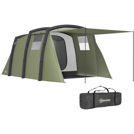 Tienda de campaña hinchable tipo túnel para 3-6 personas con vestíbulo, ventanas de malla y bolsa impermeable de color verde oliva