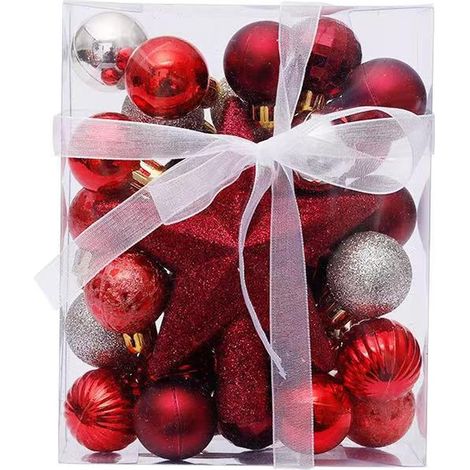 30 Pièces Boules de Noel avec 10M Fil d'or, Boule Noel Set avec Étoile Scintillante au Sommet de l'arbre, Pendentif Ornements Fête de Christmas Décoration de Vacances(Rouge (1/5)