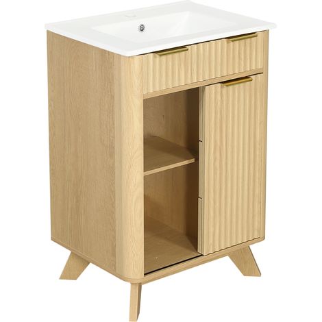 61 cm Badmöbel mit Keramikwaschbecken, 3 Schubladen, Schiebetür und Naturholzoptik (1/5)