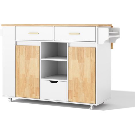 Isla de cocina móvil plegable de MDF blanco con 3 cajones y ruedas con freno (1/5)