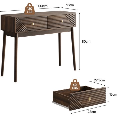Console moderne milieu de siècle avec tiroirs et étagères ouvertes,table de réception rétro pour salon,hall et couloir aspect noyer.
