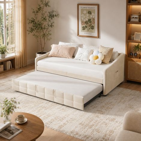 Lit capitonné 90×200 cm,extensible,cadre de lit 90×200,2 en 1,lit double avec poches latérales,canapé-lit multifonctionnel,style moderne,sommier à lattes,lit adulte,Velours,Beige (1/5)