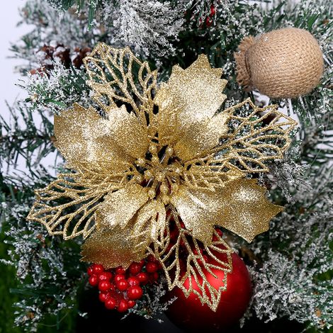 MINKUROW 12 Piezas Navidad Brillo Poinsettia Adorno Para Árbol De Navidad Flores De Navidad Flores Artificiales Adornos Para Árbol De Navidad Coronas De Boda De Navidad Decoración 16 Cm (Oro) (1/3)