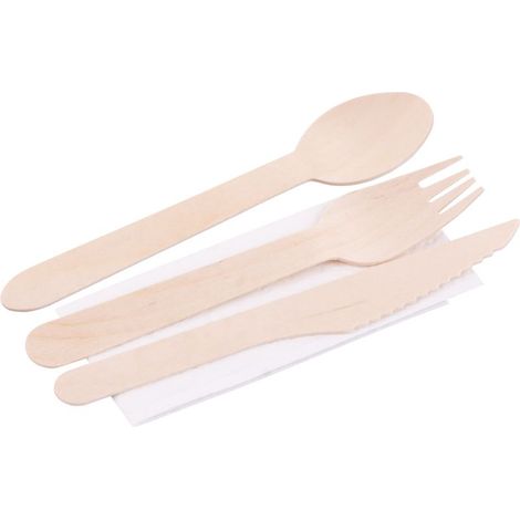 Couverts MagicHome Woodline ECO, couteau en bois, fourchette, cuillere, serviette, 100% Naturel