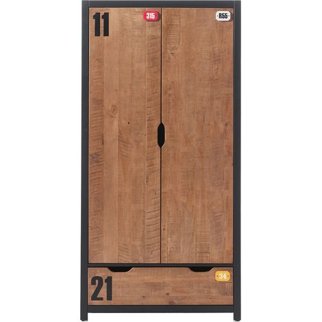 TCHAD - Armoire 2 Portes 1 Tiroir en Pin Massif avec Motifs (1/4)