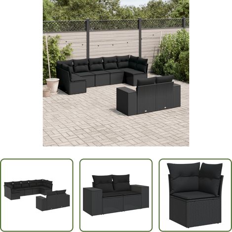 vidaXL Canapé en résine - Salon de jardin 9 pcs avec coussins noir résine tressée (1/5)