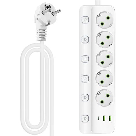 Multiprise USB 5 prises avec interrupteur - Multiprise avec 2 USB B et type C - Multiprise murale - 2500 W - Protection contre les surtensions - Pour la maison, le bureau - Câble de 2 m (1/5)