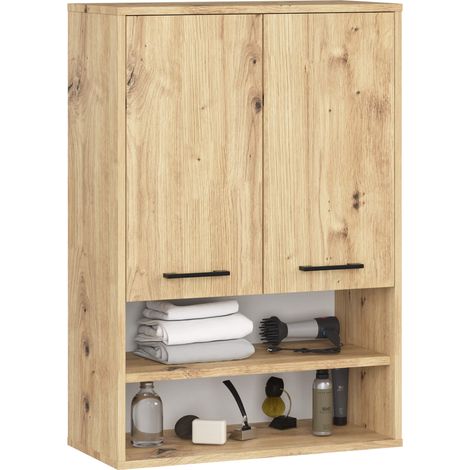 Akord – Armoire murale de salle de bain 64 cm – 2 portes battantes – 4 étagères – Panneau stratifié chêne artisan – Montage mural pour gain d'espace (1/5)