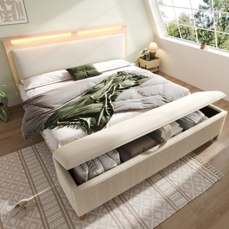 Lit double moderne 180x200 cm aspect chêne clair et velours côtelé beige, avec tête de lit à rangement LED et banc coffre (1/5)