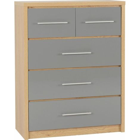 Seville 3+2 Drawer Chest - L39.5 x W85 x H110.5 cm - Grey High Gloss/Light Oak Effect Veneer (1/5)