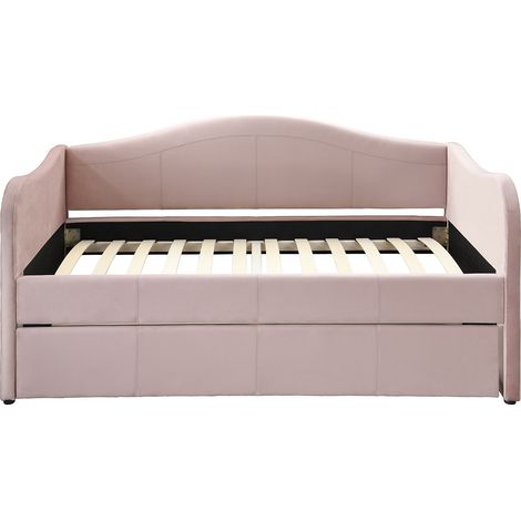 Vente-Unique – Lit escamotable 90 x 190 cm – 2 places – Velours rose – Cadre à lattes – Éco-responsable – Charge max 230 kg (1/3)