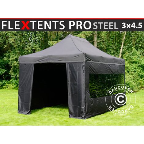 Carpa plegable FleXtents PRO Steel 3x4,5m, Negro, Incl. 4 lados
