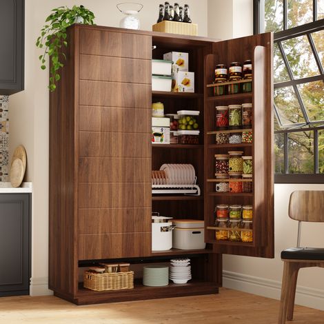 MODFU – Armoire haute 100x40x162,5 cm MDF/métal – 8 étagères et portes push-to-open – Charge 15 kg/niveau – Cuisine – Marron foncé (1/5)