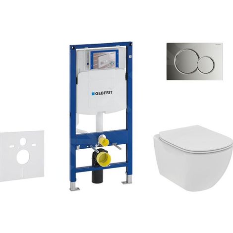 Geberit Duofix - Set de bâti-support, WC suspendu Rimless + abattant SoftClose Ideal Standard Tesi, plaque de déclenchement Sigma01 chrome brillant 111.300.00.5 NE2
