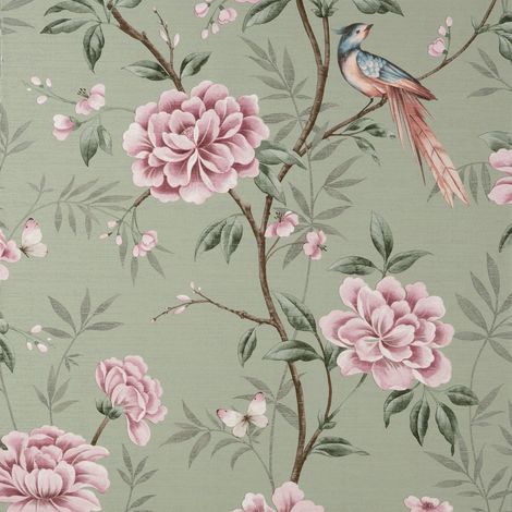 Fine Decor Akina Floral Sage Green Wallpaper Flowers Birds Leaves Textured Vinyl (1/4)
