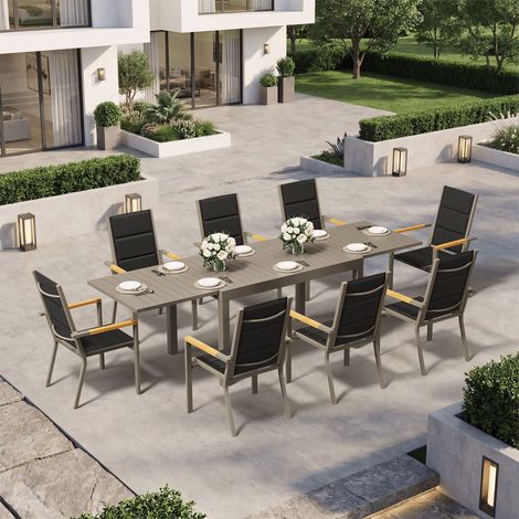Ensemble Table Chaise Jardin 8 personnes,Table Jardin Chaise en Aluminium,8 Chaises Jardin Accoudoirs Imitation Bois et 1 Table Jardin Extensible (130/260cm),Imperméable,Antirouille,Tout Temps,Marron