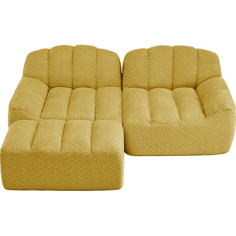 Sofá Modular de 2 Plazas en Fleece Granulado, Forma en L con Ottoman, Asiento Amplio, Respaldo Ergonómico, Amarillo (1/5)