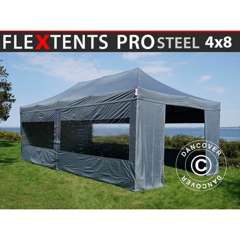 Faltzelt FleXtents PRO Steel 4x8m Grau, mit 6 Seitenwänden
