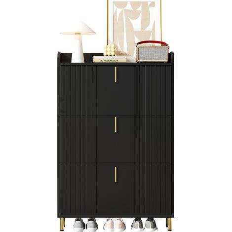 Zapatero con 3 Puertas Abatibles y Estantes Ajustables, Mueble de Entrada en MDF, Negro, 80×23×123.5 cm (1/5)