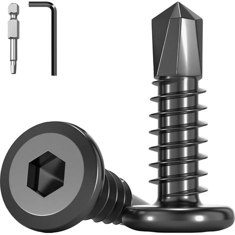 60 Pièces Vis Autoperceuse Métal 5.5x25mm,Autotaraudeuse Hexagonale à Tête Fraisée Inox 410, Vis à Tôle à Six Pans Creux Noire pour Bois et Métal (1/5)