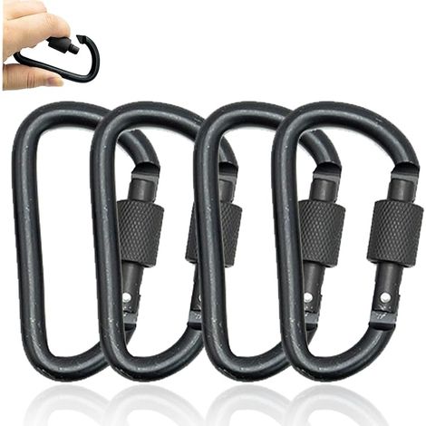 Lot de 4 mousquetons porte-clés en aluminium avec fermeture à vis en forme de D pour hamac, camping, randonnée, pêche ou voyage (1/5)
