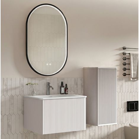 Meuble de salle de bains suspendu avec lavabo, meuble sous vasque, colonne de rangement et miroir LED antibuée, éclairage réglable, blanc mat, pour petite salle d'eau CHICFURN (1/5)
