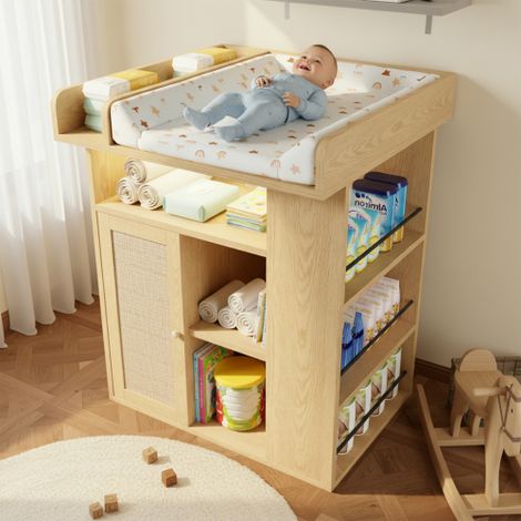 Table à langer avec 1 porte - avec LED réglable - grand espace de rangement et espace de rangement latéral - Naturel