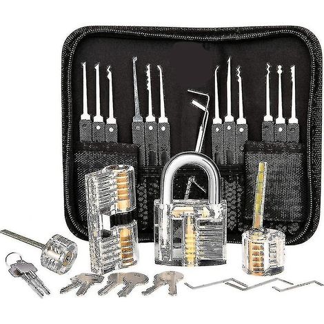 Kit de crochetage de serrures, kit de crochetage de 25 pièces, outils d'entraînement avec 3 serrures transparentesa