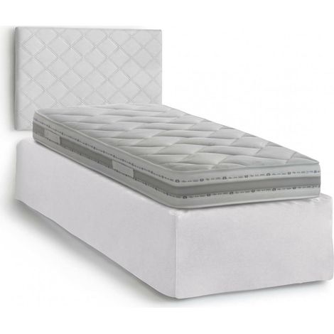 Dmora - Cama individual Dbertol, Juego de cabecero en ecopiel con base ortopédica y cenefa, 100% Made in Italy, adecuado para cama individual, colchón incluido, 80x190cm, Blanco