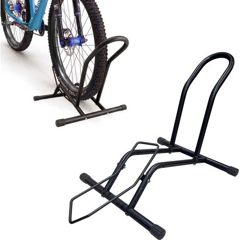 Relaxdays soporte para bici 16-29 pulgadas, neumáticos hasta 10,5 cm, rueda delantera/trasera, suelo, 1 bicicleta, negro