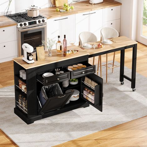 Isla de cocina 112-180x45x92 cm, encimera lateral extensible, cajones y compartimento para cubo, MDF negro y natural (1/5)
