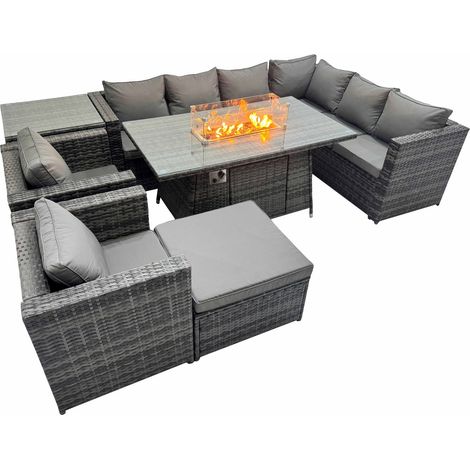 Fimous Garden Rattan Furniture Set 9 Seater Outdoor Corner Sofa 2 Chair Gas Firepit Dining Table Set with Big Stool Side Table Dark Grey (1/5)
