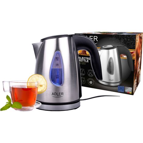 Adler AD1203 Hervidor Agua Eléctrico, 1 L, Jarra Cristal, sin BPA, Resistencia Oculta, Inalámbrico 1600W Plata (1/5)