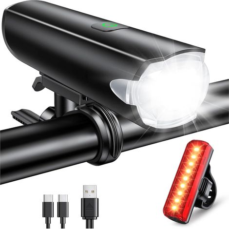 Lumiere Velo 1200 Lumens à Faisceau Large, 3+5 Modes Lampe Velo LED Puissantes Rechargeable, Étanche IP65, Eclairage Velo Avant et Arriere Feux de Navigation Longue Autonomie pour VTT/Route