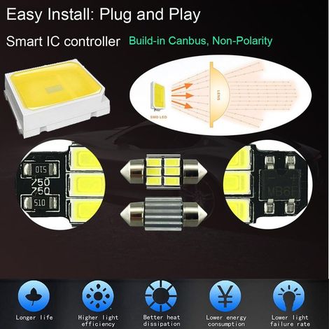 Lot de 4 ampoules LED 31 mm, blanc pur, éclairage intérieur de voiture, puces CANBUS 6-SMD 5730, plafonniers à guirlande