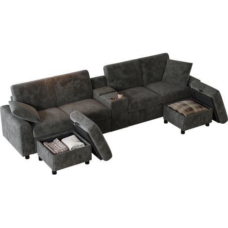 Canapé panoramique en U gris 315 cm, velours côtelé, 2 poufs avec rangement, table basse, porte-gobelets et ports USB/Type-C (1/5)