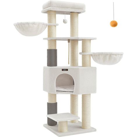 Arbre à chat grand et stable avec niches et hamacs 50 x 50 x 160 cm pour plusieurs chats en tissu peluche gris tourterelle (1/2)