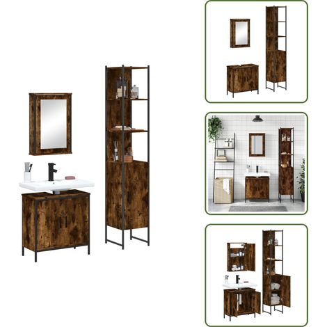 The Living Store 3-tlg. Badmöbel-Set Räuchereiche Holzwerkstoff - Badmöbel - Badezimmermöbel - Badschränke - Wandspiegel - Waschtisch (1/5)