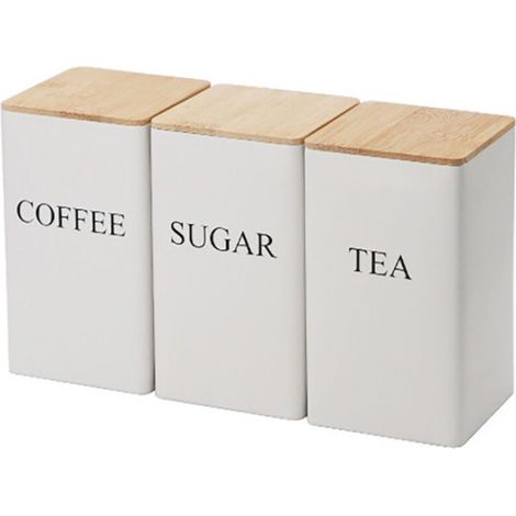 Ensemble de 3 bocaux hermétiques – Café, Thé, Sucre – Couvercle en bambou – Blanc – (1/5)
