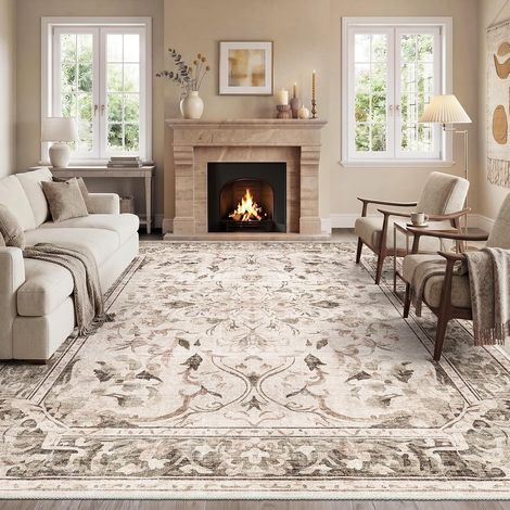 Tapis Salon Vintage 120x170cm Lavable en Machine Beige (1/5)