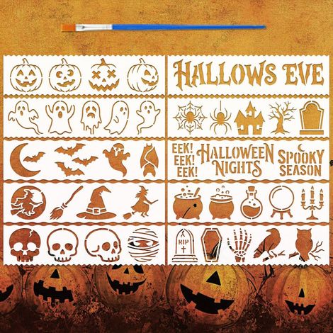 10Pièces Pochoirs Peinture Motifs Halloween Avec Pinceau 7,5x30cm Modèle Citrouille Fantôme Chauve-Souris Araignée Crâne Sorcier Thème Halloween pour Peinture Sur Mur, Sol (1/5)